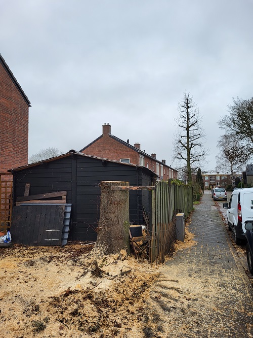 boom weg, grote paal voor schutting
