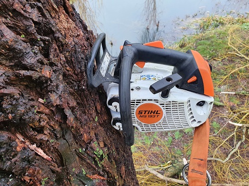 stihl ms193t klimzaag met 35cm zaagblad verdwijnt moeiteloos in scheur van treurwilg